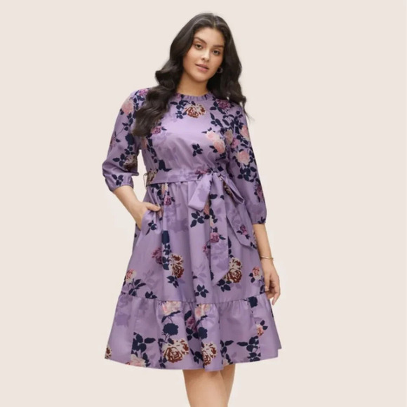 BloomChic Floral Print Belted Pocket Frill Trim Dress XL us 14 - Picture 2 of 4